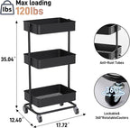TECBOT 3 Tier Metal Rolling Cart with Wheels, Utility Storage Cart with Handle and Lockable Casters, Storage Basket Organizer Shelves, Easy Assemble for Kitchen, Living Room, Office, Nursery, Black