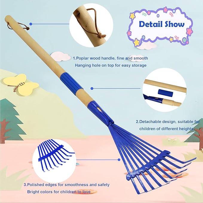 Kids Leaf Rake-Small Wooden Handle Leaf Rake with Metal Tines, 27inches /69cm Length, for Kids Enjoy Garden Cleaning Activities (Blue)