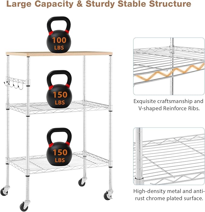 450Lbs Capacity Microwave Cart with Wheels, 3 Tier Rolling Cart with Adjustable Shelves, Multifunctional Metal Utility Storage Kitchen Carts on Wheels, 23.6" L*15.7" W*37" H, Wood+Chrome