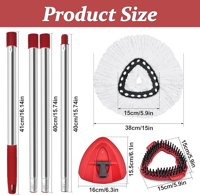 Spin Mop Handle Replacement for Ocedar, Mop Heads Replacements Compatible with O-Cedar EasyWring 1-Tank System, Include 4-Section Handle, 2 Replace Heads,1 Scrub Brush, 1 Base for O Cedar Spin Mops