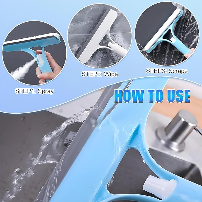 3 in 1 Window Cleaning Scraper with Spray, Scrubber and Shower Squeegee for Glass Doors, Mirrors, Car and Home, All-Purpose Window Cleaner Tool (Blue)