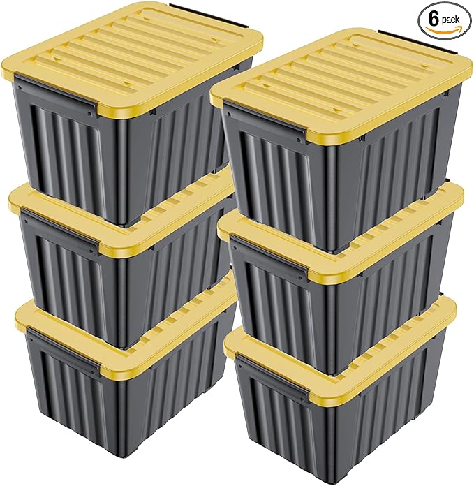 Nazhura 97 Quart Plastic Storage Bin, Stackable and Nestable Storage Boxes with Yellow Lids and Secure Latching Buckles, Large Storage Container (Black/Yellow, 97Quart-6Pack)