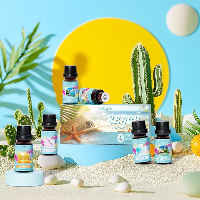 Beach Fragrance Oils Set, Essential Oil Gift Set for Diffuser, Summer Scent Diffuser Oil, Diffuser Scents Oil for Home-Ocean Spray, Pink Sands, Salty Sea, Pina Colada, Island Life, Sunshine