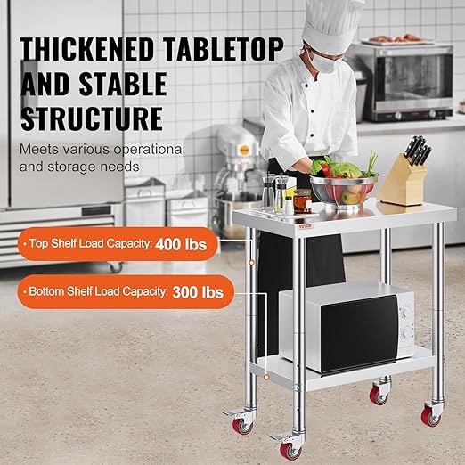 Mophorn Stainless Steel Work Table with Wheels 24 x 30 x 32 Inch Prep Table with 4 Casters Heavy Duty Work Table for Commercial Kitchen Restaurant Business, Silver and Black