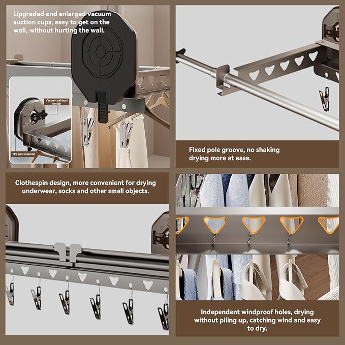 Extendable Clothing Dryer Rack, Invisible Folding Storage, Wall Mounted Drying Rack, Strong Suction Power, for Bed Linen, Clothing, Foldable Bathroom Wall Shelf (Curry Grey)