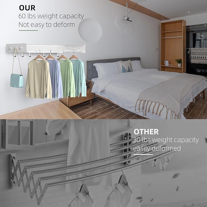 Drying Rack Clothing,Clothes Drying Rack Wall Mounted,Laundry Drying Rack Wall Mount,Foldable,Collapsible,60 lb Capacity 5 Aluminium Poles with 12 Hooks (White, 31.5" Upgrade)