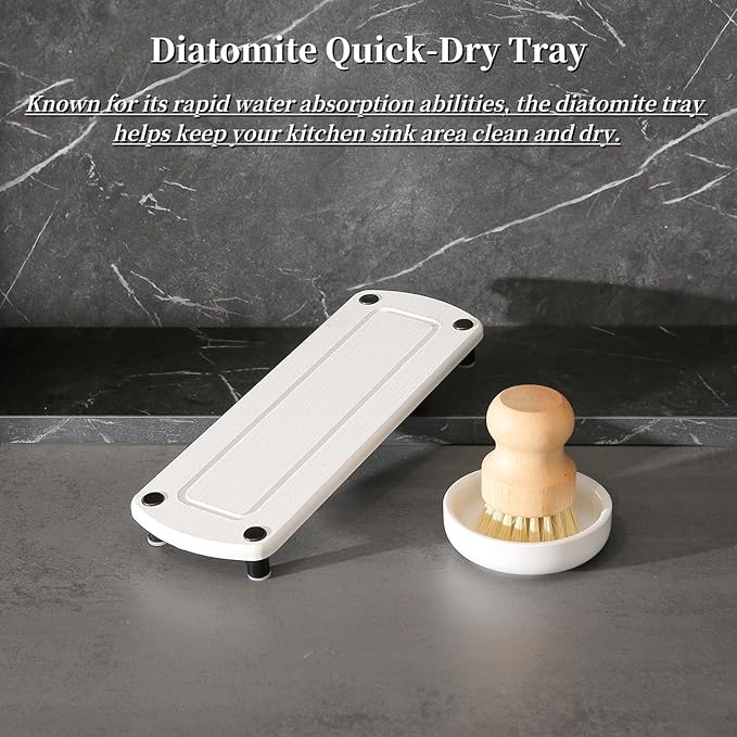 MOMEEMO White Soap Dispenser Set Comes with Stainless Steel Pumps, Instant Dry Tray, and Dish Scrub Brush, Suitable for Kitchen Accessories and Farmhouse Decor. (White)