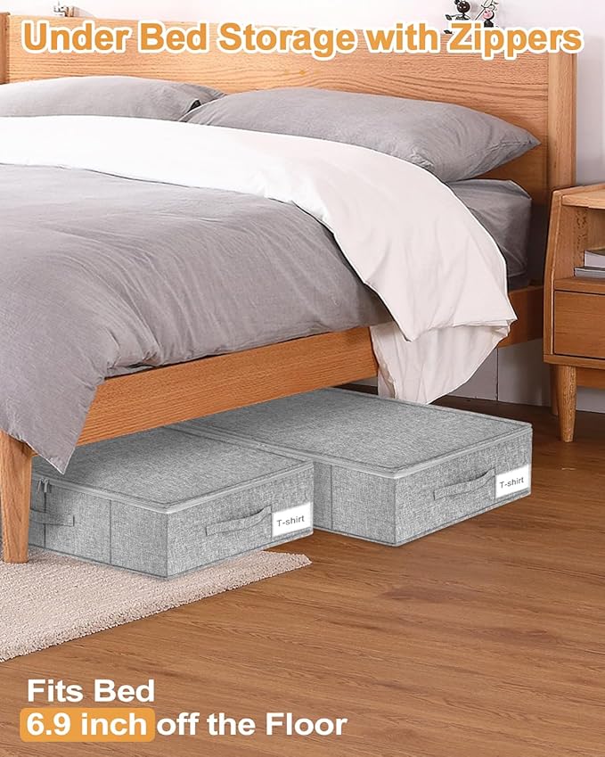punemi Under Bed Storage, 3 Pack Underbed Storage Container Bags With Lid, Foldable Sturdy Clothes Storage Drawer Organizer W/ 3 Handles, Ultra Thick Fabric Blanket Shoe Storage Box, Grey