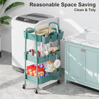 3 Tier Turquoise Metal Mesh Rolling Cart, Storage Cart with Handle and Lockable Wheels, Multifunctional Three Tiered Utility Organizer Cart on Wheels for Kitchen, Office, Bathroom, Crafts, Arts, Snack