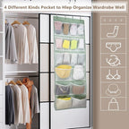 Over the Door Organizer with 4 Kinds of Pockets,Behind Door Shoes Rack,Back of Closet Storage Organization for Socks,Hat,Underwear,Luggage Packing,Hanging Holder Shelf in Home Dorm,Travel,Green