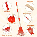 2 PCS Adjustable Kids Leaves Rakes (Green & Red, 25.2 in to 34.25 in) with 2 Pairs Gloves & 2 Orange Storage Bags, Lawn Rakes with Wooden Handle, Kids Garden Tools Set for Boys and Girls