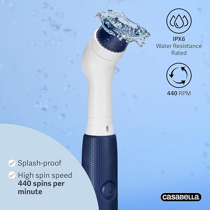 Casabella Power Scrubber Handheld Electric Spin Detail Scrubber for Cordless Cleaning Ergonomic Construction IPX 6 Water Resistance 440RPM Includes 3 Cleaning Heads, 10.4-Inch, White