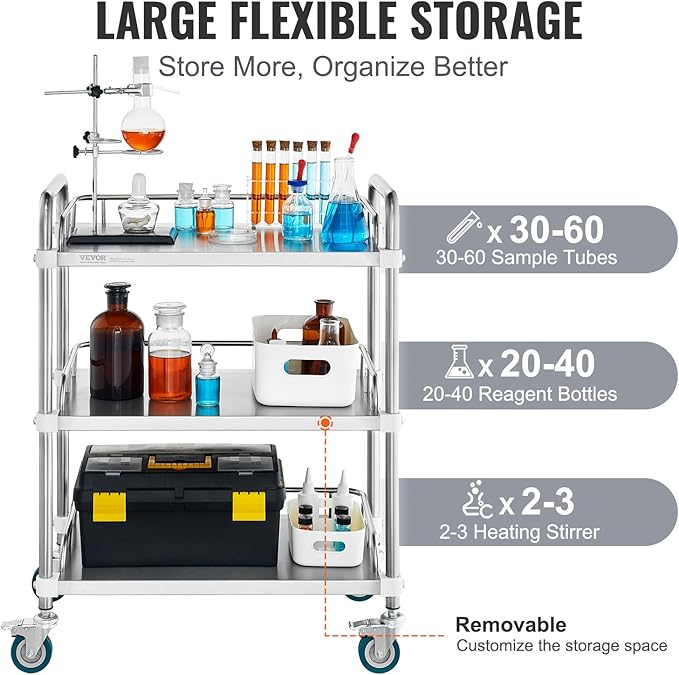 VEVOR Lab Rolling Cart, 3-Shelf Stainless Steel Rolling Cart, Lab Serving Cart with Swivel Casters, Dental Utility Cart for Clinic, Lab, Hospital, Salon, 26.38"x15.55"x34.13"