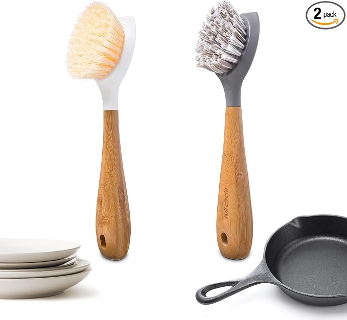 Full Circle Be Tenacious Bamboo Dish Brush Set – Sustainable Cleaning Tools for Cast Iron, Dishes, Pots, Pans – Includes Be Good & Tenacious C Brushes, Tough Bristles – Pack of 2