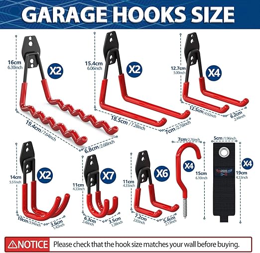 3-H Garage Wall Hooks 45 Pack, Garage Hooks Heavy Duty with Extra Welding Spots, Garage Organizer for Garden, Lawn, Chairs, Ladders, WeedEater, Shovel (Red)