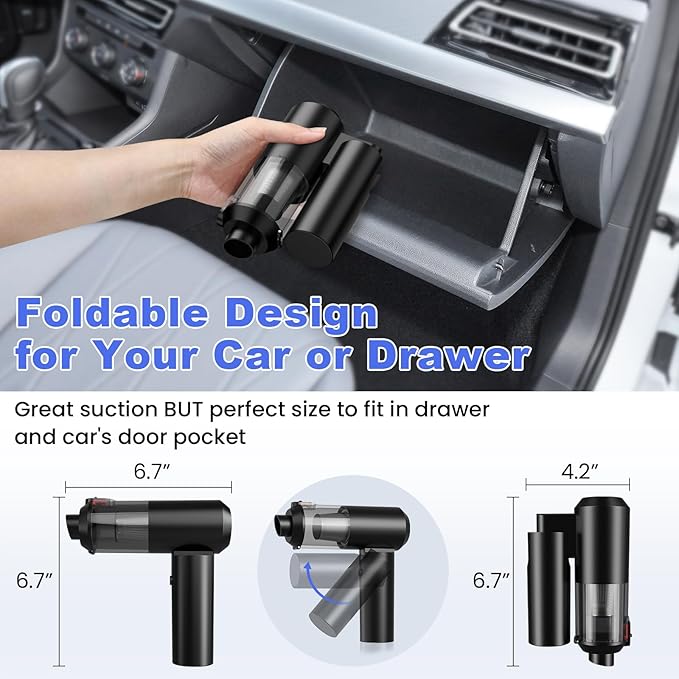 Car Vacuum Portable Cordless with 16000PA Ultra Suction 4-in-1 Foldable Air Duster & Brushless Motor Rechargeable Handheld Vacuum for Pet Hair, Car Seats, Home & Office Cleaning