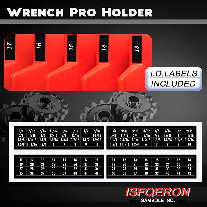 46PC Red Magnetic Wrench Organizers Set for Tool Storage - Modular Wrench Holders with Metric & SAE Labeled Slots, Extra Strength Magnet Base - Workshop & Home Toolbox Organization Gift
