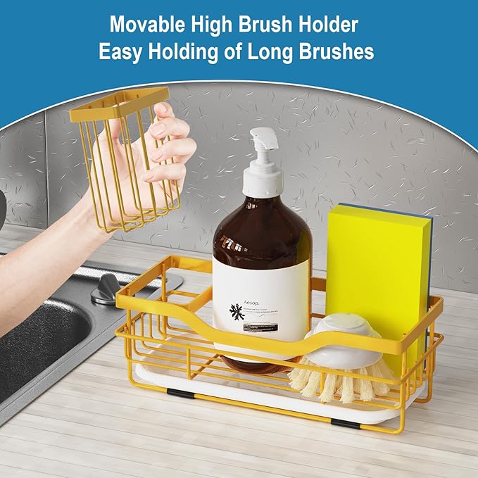 Vanwood Sponge Holder for Kitchen Sink Caddy Organizer With Brush Holder & Drain Tray, Rustproof Dish Soap Caddy for Counter - Storage & Home Accessories