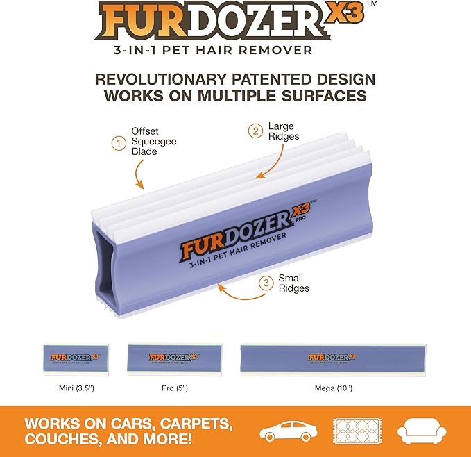 FurDozer Pet Hair Remover & Auto Detailing Tools - Cat & Dog Hair Remover for Carpets, Car Interiors, Couches, Bedding, & Pet Furniture (Purple, (3 Pack) - X6, X3 PRO, X3 MINI)
