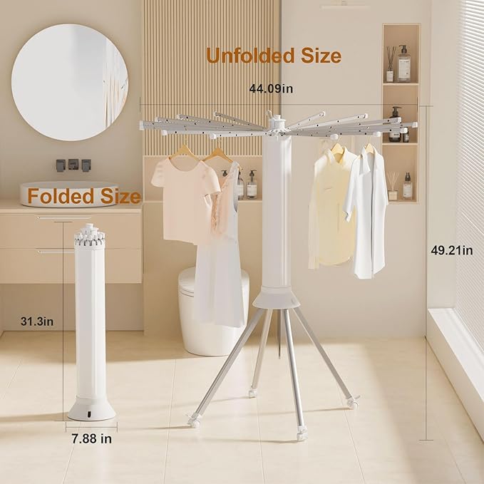 Four-Legged Clothes Drying Rack, Portable and Foldable Space Saving Laundry Drying Rack, Outdoor Folding Dry Rack with 4 Pulleys & 16 Poles, Collapsible Aluminum Indoor Dry Rack for Balcony, Poolside