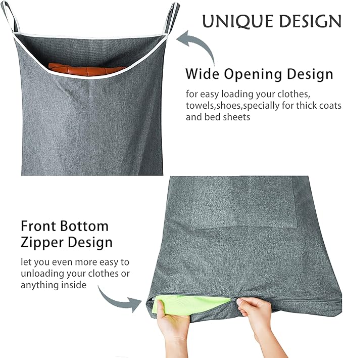 XL Large Hanging Laundry Hamper, Over the Door Laundry Bag with Zipper and Wide Open Top,Hanging Hamper for Storage Laundry, Clothes, Toys,36x 22 Inch, Heather Grey 2Pack.