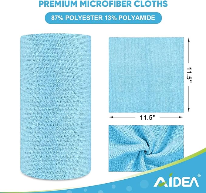 AIDEA Microfiber Cleaning Cloth Roll, 50PK, Blue Shop Towels Reusable Tear Away Paper Towels, Washable Shop Rags, Microfiber Towels for Cars, Lint Free Rags for House, Mechanic, Workshops, 11.5"×11.5"