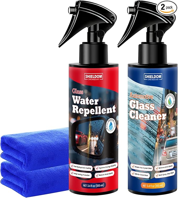 Car Glass Cleaner & Water Repellenet, Windshield Rain Repellent Streak-Free Water Spot Remover Hydrophobic Coating Protecting Against Stains Safe on Glass, Tinted Windows & Mirrors- Pack of 2