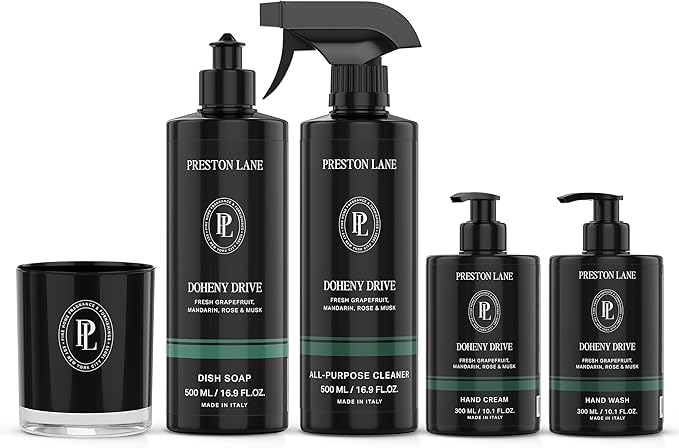 Signature Set, Includes All Purpose Cleaner, Dish Soap, Hand Wash, Hand Cream, & Scented Candle, Doheny Drive