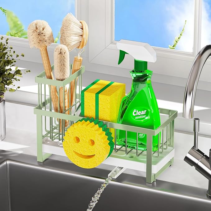 Sponge Holder for Kitchen Sink,Sink Caddy with Removable Dish Brush Holder,Self-Draining Kitchen Countertop Organizers and Storage Essentials,Soap Dispenser Organize and Home Decor-Green