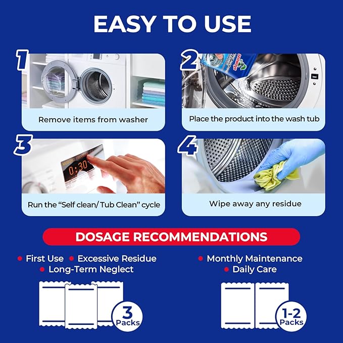 Washing Machine Cleaner Powder 4 Pack - Deep Clean Solution for HE Top Load and Front Load Washers, Descaler for Drum, Tub & All Internal Parts - 4 Month Supply