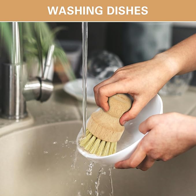 Wooden Dish Brushes, Dish Scrubber Brushs for Cleaning Dishes, Kitchen Wooden Cleaning Dsihes Set with Draining Rack, Natural Sisal Bristles, 3 Set