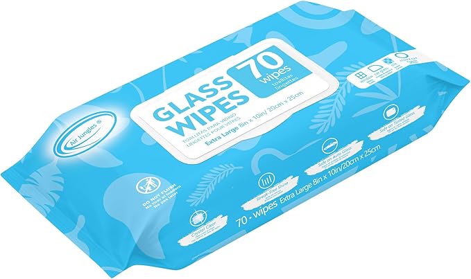 Air Jungles Glass and Window Cleaner Wipes 70 Count, Extra Large 8" x 10" Size Multi-Surface Glass Cleaning Wipes for Car Windshield, Headlight, Mirror, Tile, and Household Appliance
