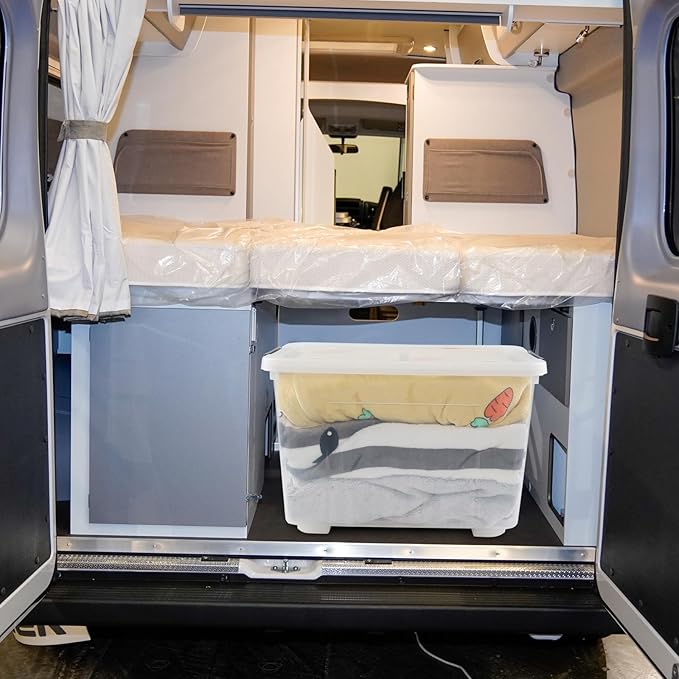 Jekiyo 50 Liter Clear Storage Bin on Wheels, Large Plastic Latching Box, 6 Pack