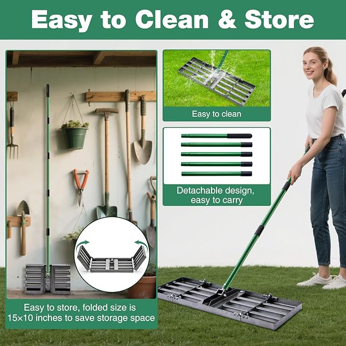30"x10" Lawn Leveling Rake, Heavy Duty Lawn Leveler with 33"-77" Adjustable Handle, Foldable Ground Leveling Tool for Soil, Sand, Gravel, Ergonomic Design for Lawns, Golf Courses and Backyards