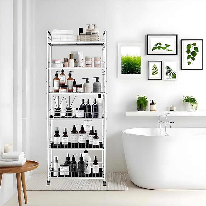 6 Tier 10in Slim Rolling Storage Cart with Handle, White Mobile Shelving Unit with Wheels, Metal Wire Storage Rack with Baskets for Kitchen Bathroom Office Laundry Narrow Piaces