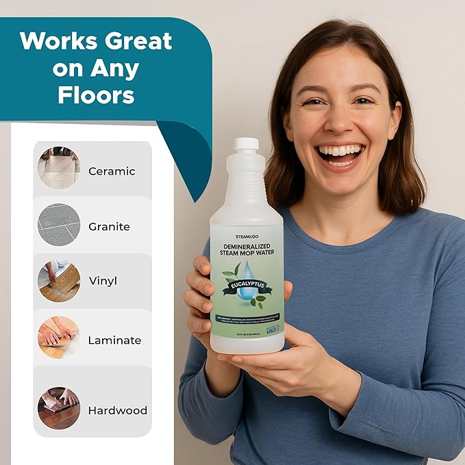 Steam and Go Demineralized Water - Multi-Surface Cleaning Solution for Steam Mop, Ready-to-Use Floor Cleaner, Ideal for Home & Office, Compatible w/Any Steam Mop - Eucalyptus Mint, 32oz, Pack of 12