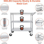 Heavy Duty Utility Cart, 990Lbs Capacity 3 Tier Rolling Carts with Wheels, Kitchen Cart on Wheels with Storage, Commercial Grade Metal Serving Carts with Wire Shelving &Handle Bar, Silver