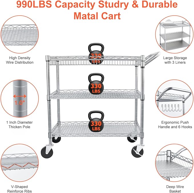 Heavy Duty Utility Cart, 990Lbs Capacity 3 Tier Rolling Carts with Wheels, Kitchen Cart on Wheels with Storage, Commercial Grade Metal Serving Carts with Wire Shelving &Handle Bar, Silver