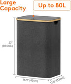 Lifewit 80L Laundry Basket with Lid, Clothes Hampers for Laundry with Bamboo Handles and 1 Removable Bag, Large Foldable Laundry Hamper for Bedroom, Bathroom, Dorm, Laundry Room, Dark Gray