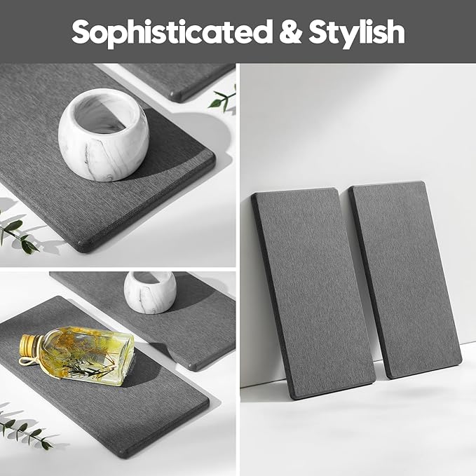 2PCS 10"x 5" Large Bathroom Sink Vanity Trays, Water Absorbing Diatomite Stone Quick Drying Mat for Kitchen Counter, Dish Rack Dispensers Sponge Holder Caddy Organizer, Dark Gray,