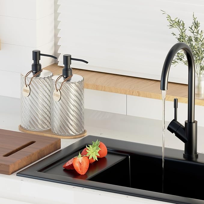 Hand Soap Dispenser Bathroom Set, Glass Dish Soap Dispenser for Kitchen Sink with Wood Tray & Black Stainless Steel Pump,Spiral Stripe Design