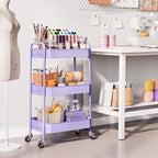 TOOLF 3-Tier Metal Rolling Cart with Wheels, Storage Utility Organizer Cart for Kitchen, Bathroom, Office, Baby Essentials & Makeup - Lockable Casters, Easy Assembly, Large Capacity, Purple