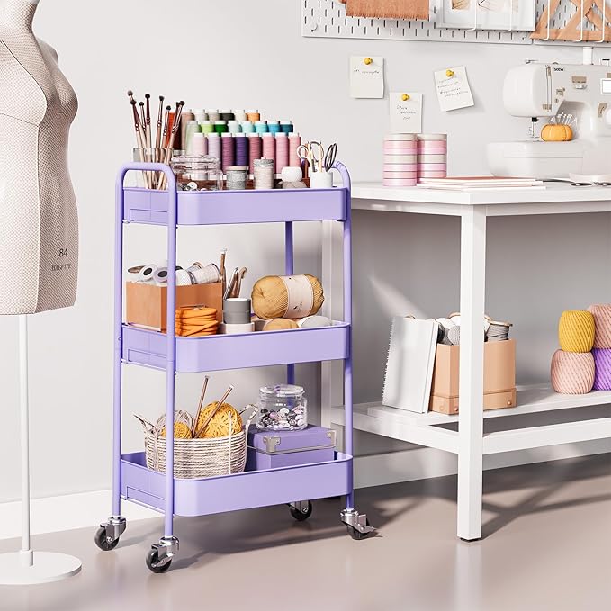 TOOLF 3-Tier Metal Rolling Cart with Wheels, Storage Utility Organizer Cart for Kitchen, Bathroom, Office, Baby Essentials & Makeup - Lockable Casters, Easy Assembly, Large Capacity, Purple