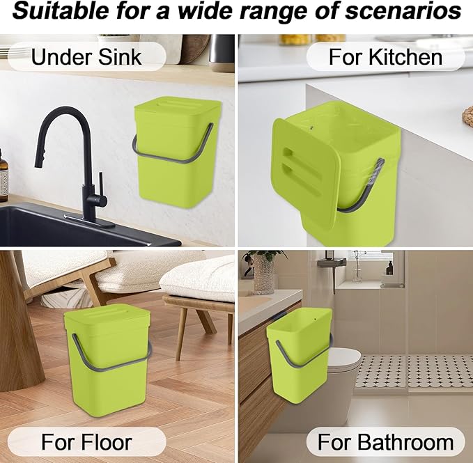Compost Bin Kitchen, Bring 5 Rolls (100) of Garbage Bags, for Use on Countertops or Under Sinks, Hanging Trash Can with Lid, for Cupboard/Bathroom/Bedroom/Office/Camping(Green 1.3 Gallon/5L)