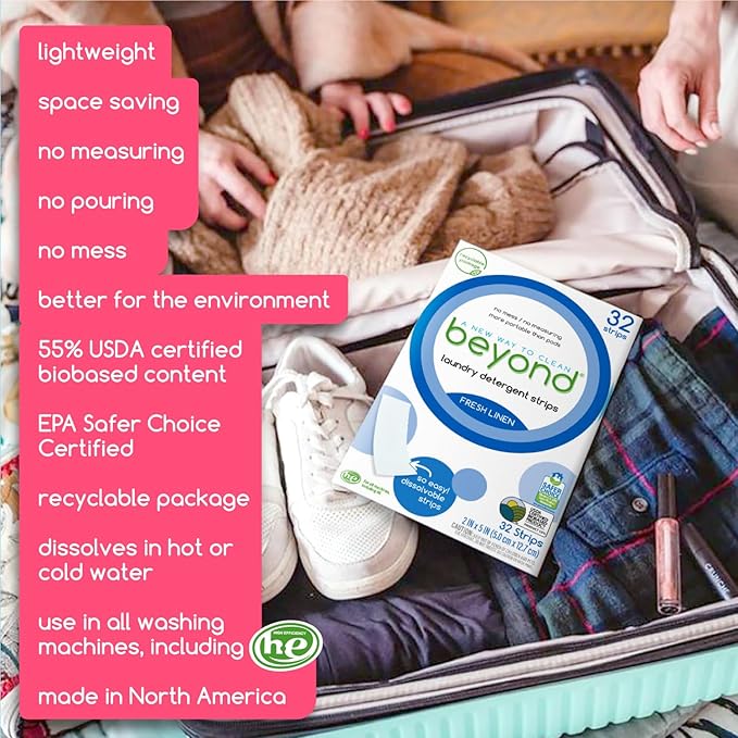 Beyond Laundry Detergent Strips [12 packs of 32 strips] - Fresh Linen - Eco-friendly, Hypoallergenic. Travel friendly. Dissolvable Strips