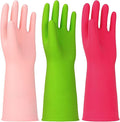 3 Pairs Rubber Cleaning Gloves Latex Free Dishwashing Gloves - 13" Reusable Nitrile Gloves Medium, Green+Pink+Red