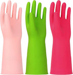 3 Pairs Rubber Cleaning Gloves Latex Free Dishwashing Gloves - 13" Reusable Nitrile Gloves Large, Green+Pink+Red
