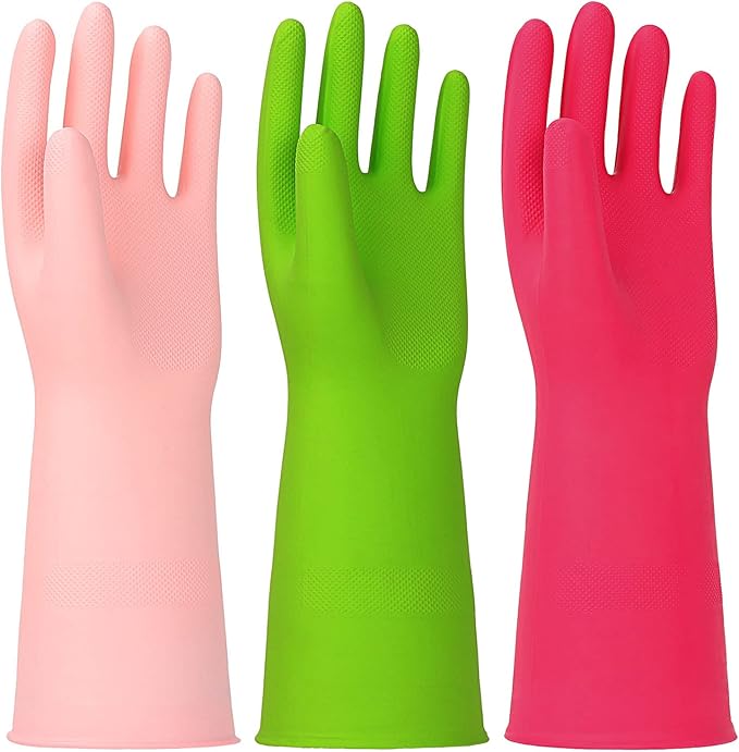 3 Pairs Rubber Cleaning Gloves Latex Free Dishwashing Gloves - 13" Reusable Nitrile Gloves Large, Green+Pink+Red