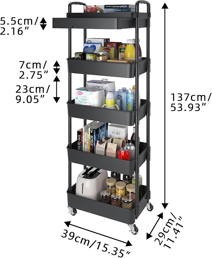 Calmootey 5-Tier Rolling Utility Cart with Drawer,Multifunctional Storage Organizer with Plastic Shelf & Metal Wheels,Storage Cart for Kitchen,Bathroom,Living Room,Office,Black