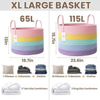 JMvicyroam 115L Extra Large Blanket Basket for Living Room - Woven Cotton Rope Laundry Hamper with Reinforced Handles - Storage Bin for Pillows, Comforters & Toys - Machine Washable,Rainbow
